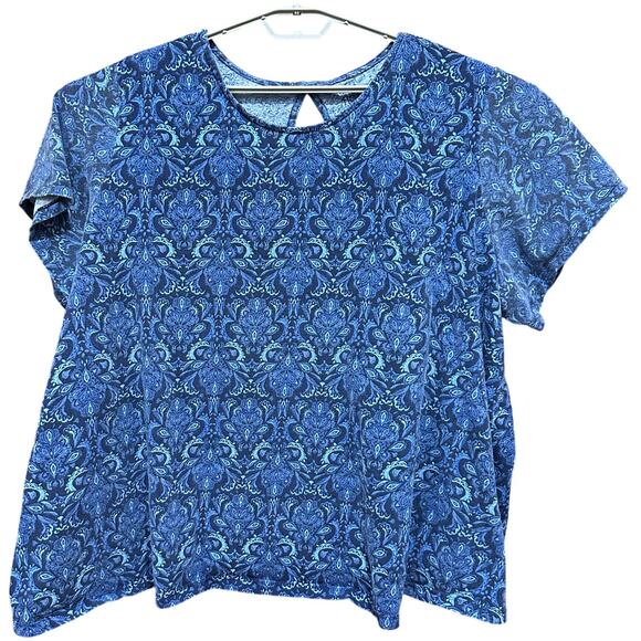 Roamans Womens Top Plus 2X 26 / 28 Blue Paisley Short Sleeve All Over Print FLAW - Picture 1 of 7